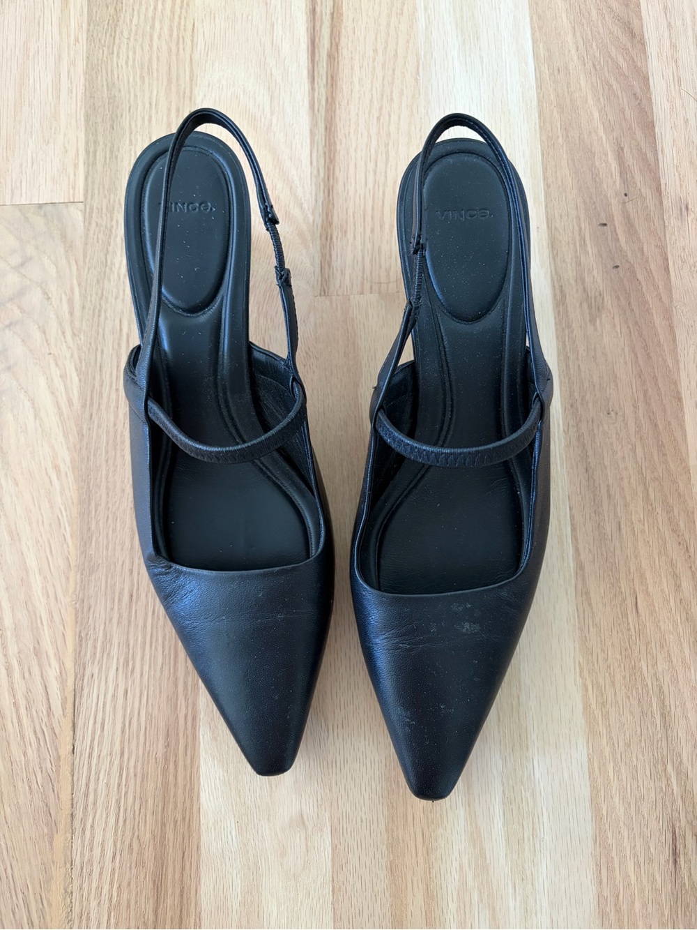 Vince Black Pointed Slingback Leather Kitten Heels, size 8